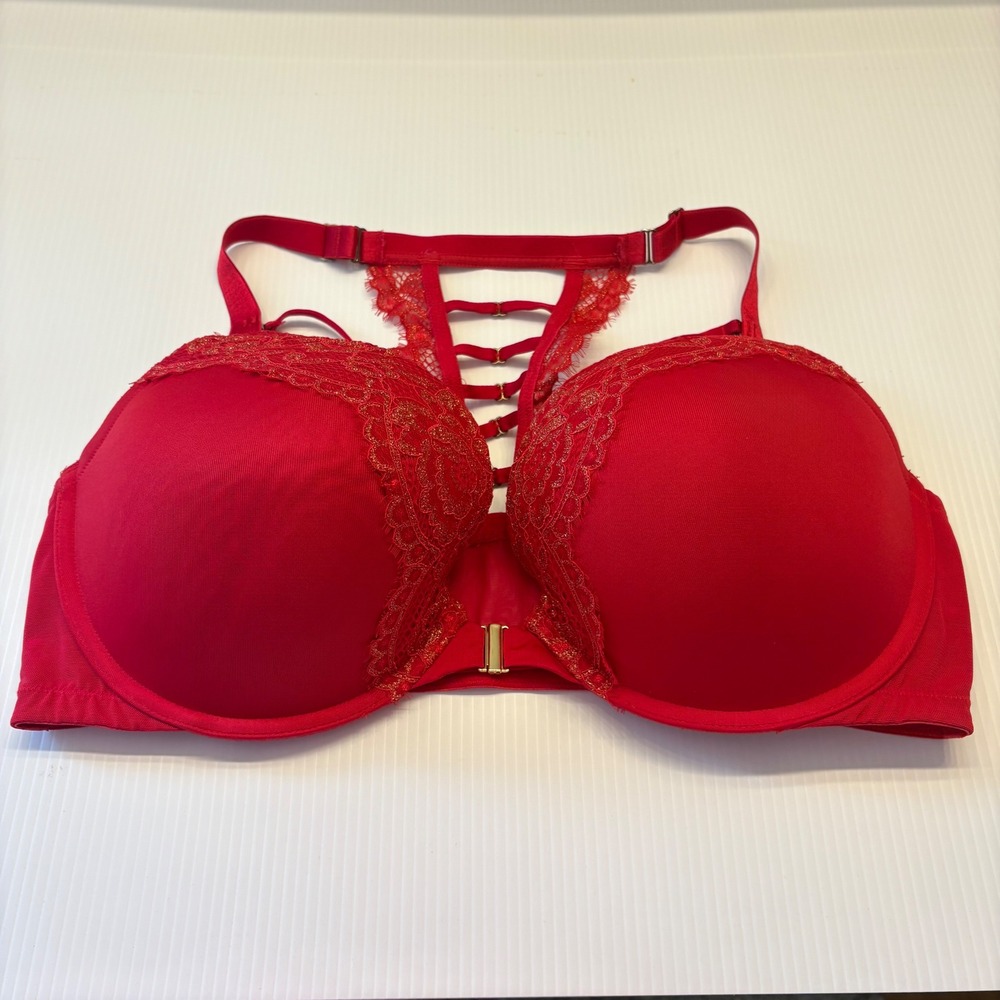 Cacique Boost Plunge Bra Women 44DD Red Gold Lace Strappy Racerback Front Close